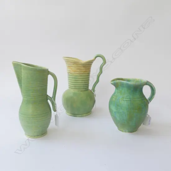 3 BESWICK DECO JUGS GREEN COLOURS H220MM 200 &140MM
