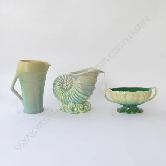 BESWICK GREEN COLOUR DECO SHELL VASE H190MM JUG H230MM & 2 HANDLED VASE L240MM