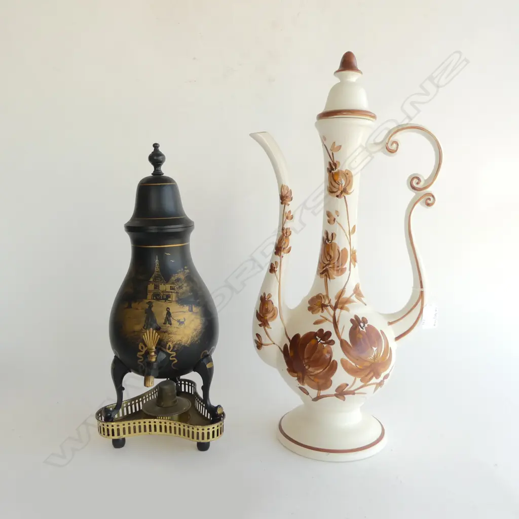 TALL POTTERY COFFEE POT H450MM & BLACK EBONIZED METAL COFFEE POT ON BURNER H400MM Image 1++