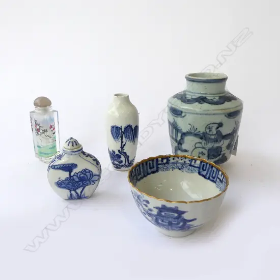 2 SCENT BOTTLES + 2 B/W VASES & TEABOWL