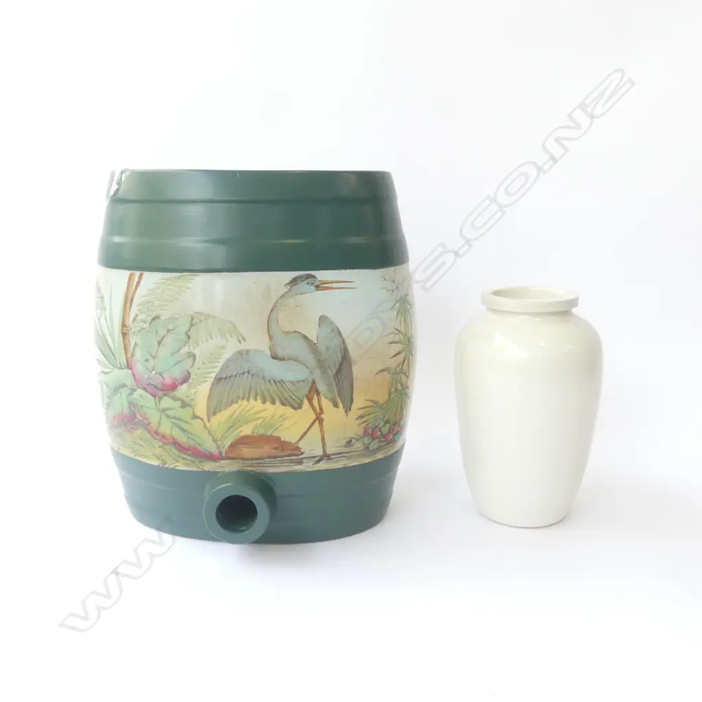 2 ANTIQUE CERAMICS; BARREL H.275mm & JAR Image 1++