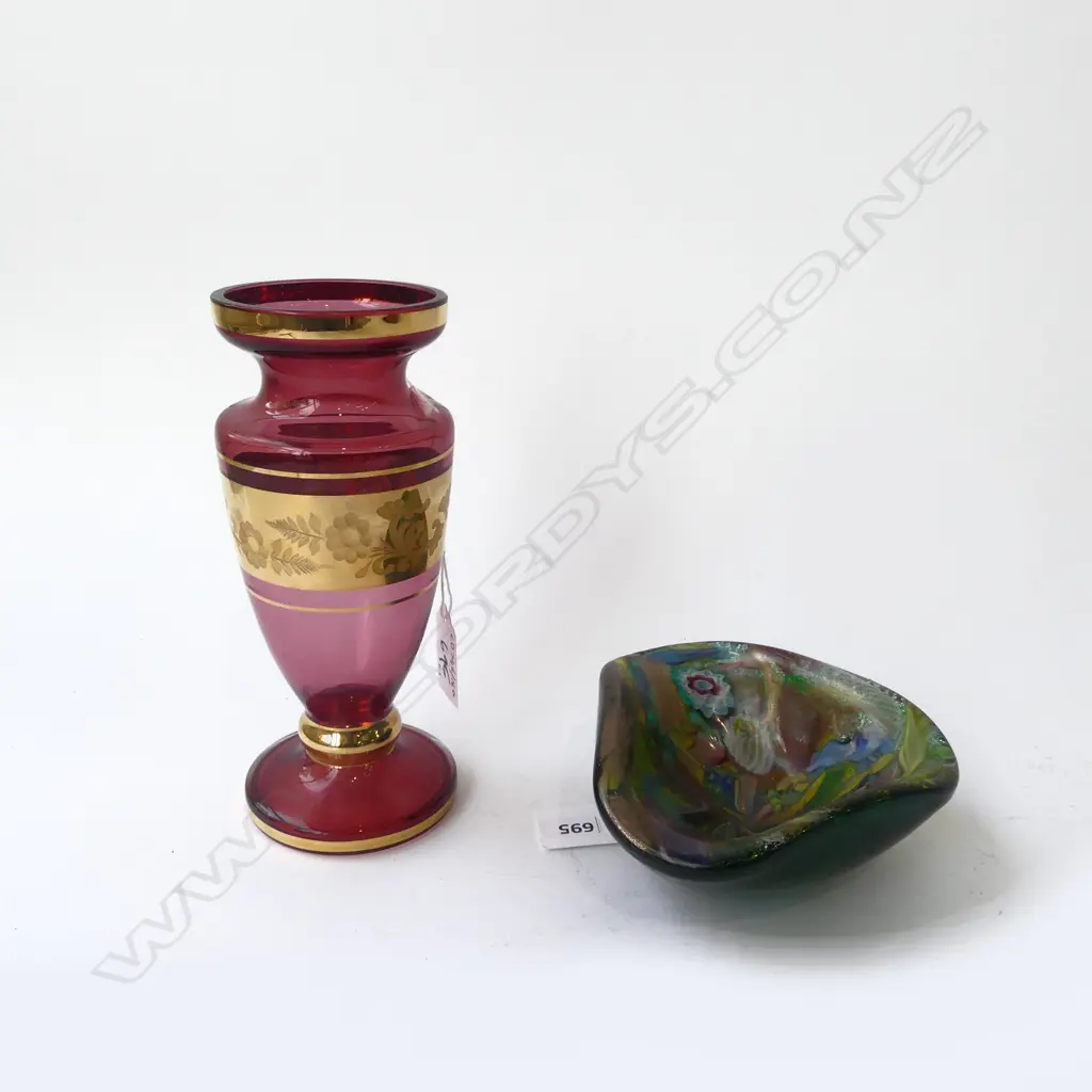 ITALIAN MILLIE FIORRE GLASS BOWL DIA120MM & CRANBERRY GLASS VASE H190MM Image 1++