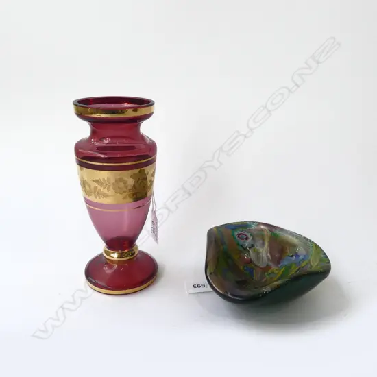 ITALIAN MILLIE FIORRE GLASS BOWL DIA120MM & CRANBERRY GLASS VASE H190MM