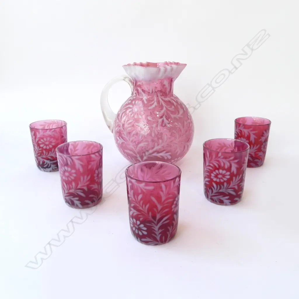 VICTORIAN CRANBERRY & VASELINE GLASS JUG (frilled rim) + 5 BEAKER SET Image 1++