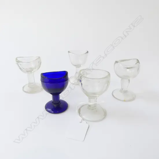 Five Antique Eye Baths various shapes incl. one blue, H.60mm-65mm