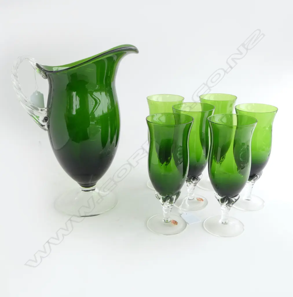 SET JUG H.290mm + 6 VINTAGE ITALIAN GREEN & CLEAR GLASS TALL DRINKING GLASSES glasses H.185mm Image 1++