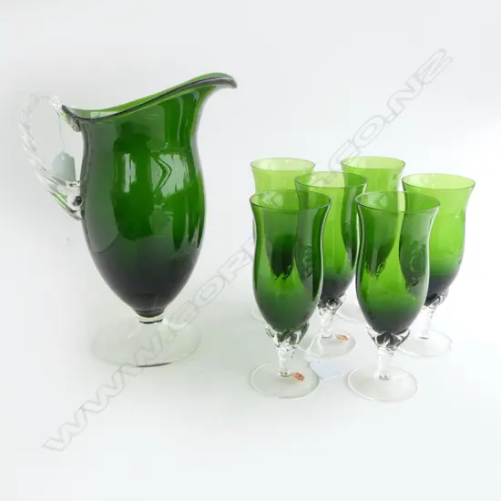SET JUG H.290mm + 6 VINTAGE ITALIAN GREEN & CLEAR GLASS TALL DRINKING GLASSES glasses H.185mm