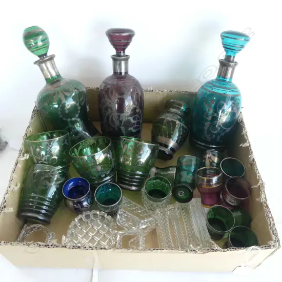 SILVERED DECANTERS GLASSES & SMALL CRYSTAL PCS