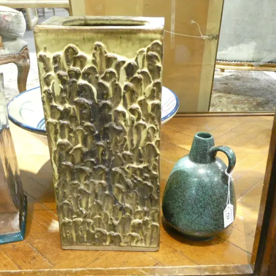 STUDIO POTTERY SLAB VASE H.345mm, RETRO GERMAN GREEN JUG minor base chip