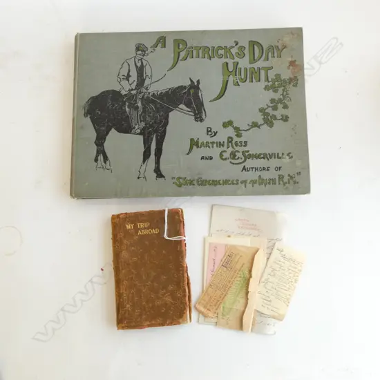 1927-1933 TRAVEL DIARY INCL. ENTRY 1933 LONG BEACH EARTHQUAKE ANTIQUE BOOK 'A PATRICKS DAY HUNT' 265x360mm