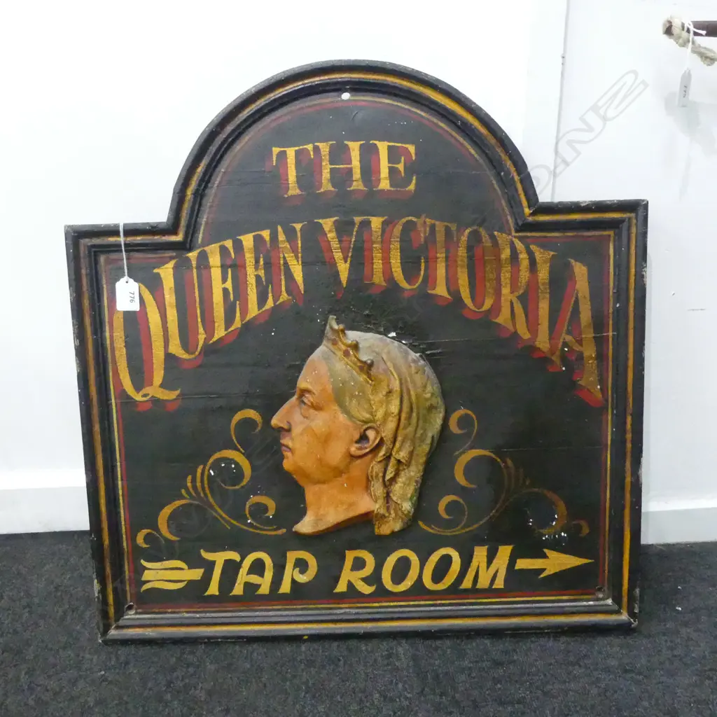20thC painted WOODEN SIGN 'THE QUEEN VICTORIA TAP ROOM'. 625 x 610mm Image 1++
