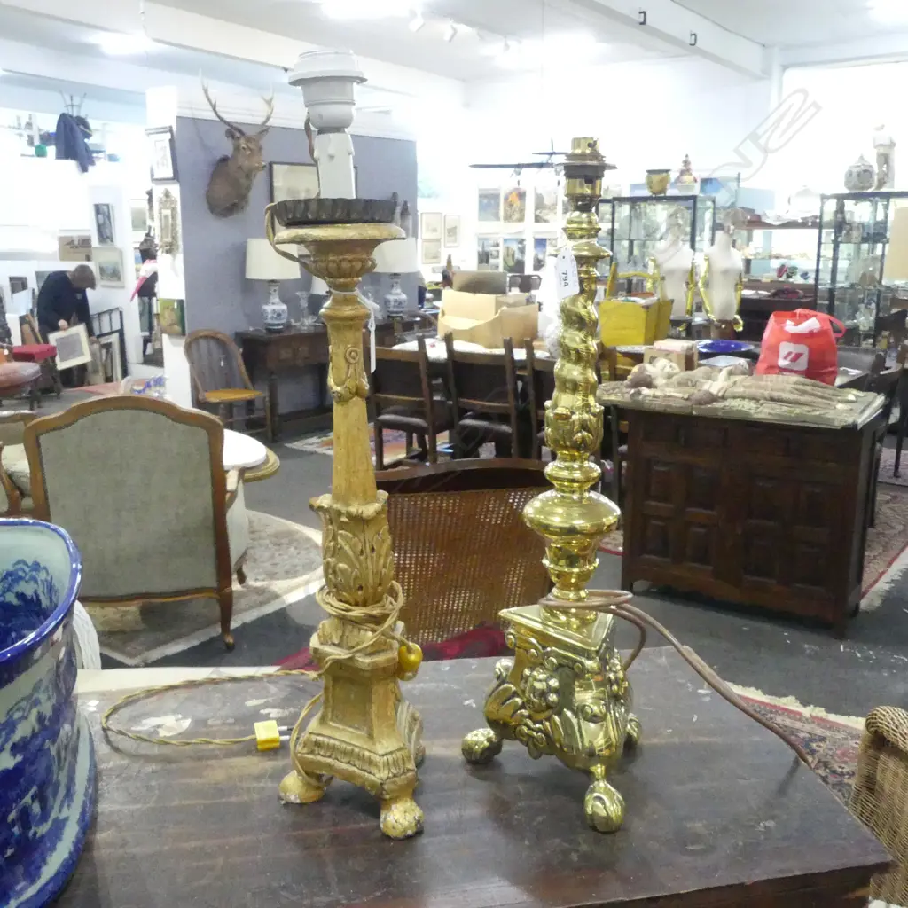 HEAVY BRASS TABLE LAMP H.550 + WOOD GILT TABLE LAMP H.610mm NO SHADES Image 1++