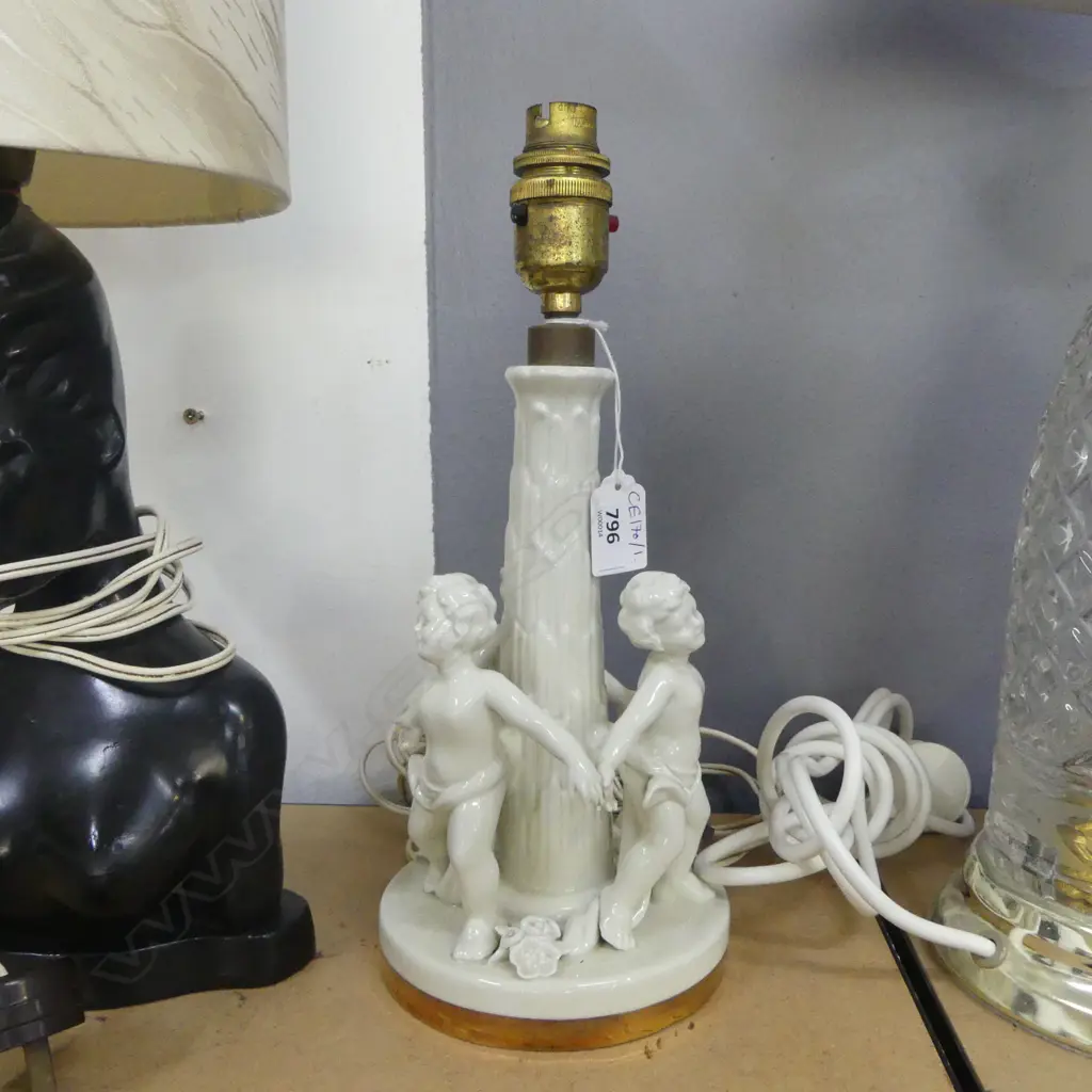 GERMAN PORCELAIN TABLE LAMP, BASE ONLY H.300mm tiny chip to 1 finger Image 1++