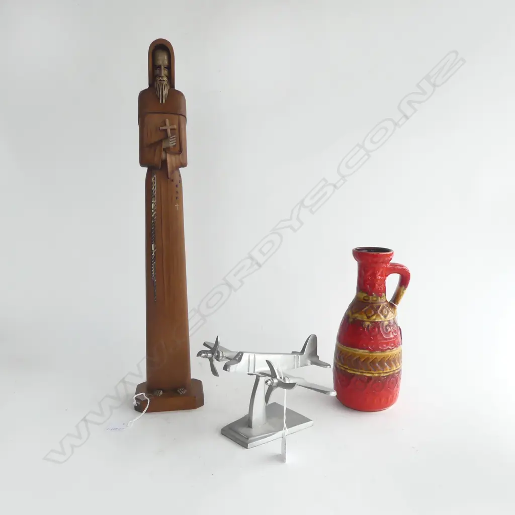 3 VINTAGE PCS; WEST GERMAN MID CENTURY VASE, CHROME PLANE on STAND & CARVED WOODEN STATUE of MONK, H.560mm Image 1++