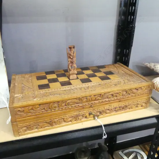 INDONESIAN CARVED WOODEN CHESS SET W.380mm