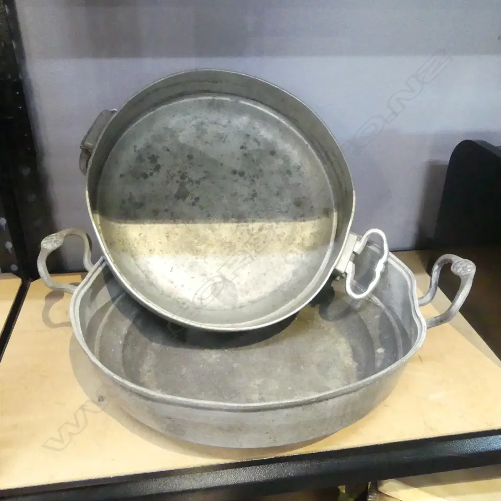 2 DOUBLE HANDLED PEWTER DISHES 300mm dia; 1 GERMAN Image 1++