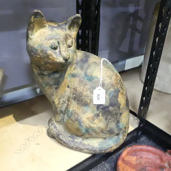 VINTAGE HEAVY CAST IRON SEATED CAT with tabby paint finish H.295mm