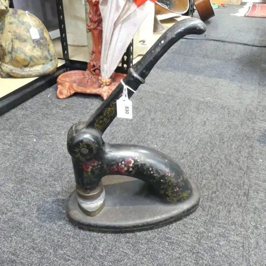 VICTORIAN CAST IRON JAPANNED 7 floral decorated & gilded PRESS w disc head 50mm