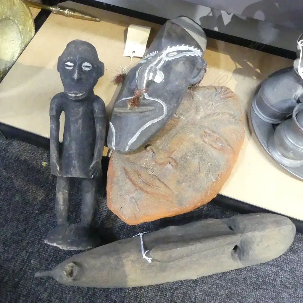 3 CARVED TRIBAL MASKS + POTTERY MASK SIGNED 'ULI' Image 1++