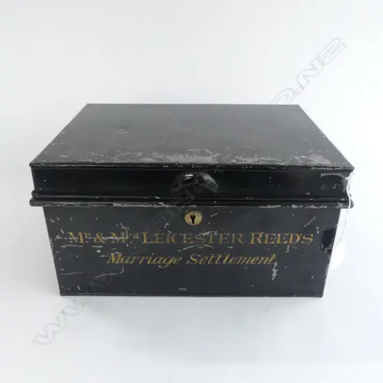 BLACK METAL DEEDS BOX 350x250x185mm 'MR & MRS LEICESTER REEDS MARRIAGE SETTLEMENT'