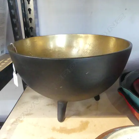 BLACK METAL THREE FOOTED BOWL, GOLD LINED 290mm dia