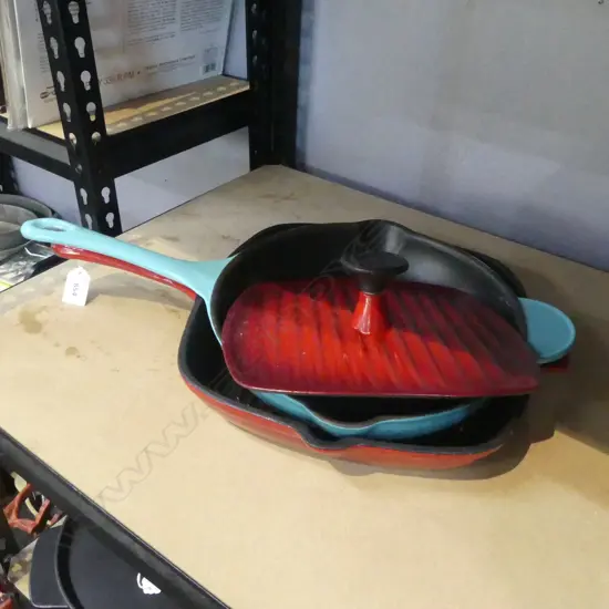 2 ENAMELLED CAST IRON FRY PANS, CHIPS