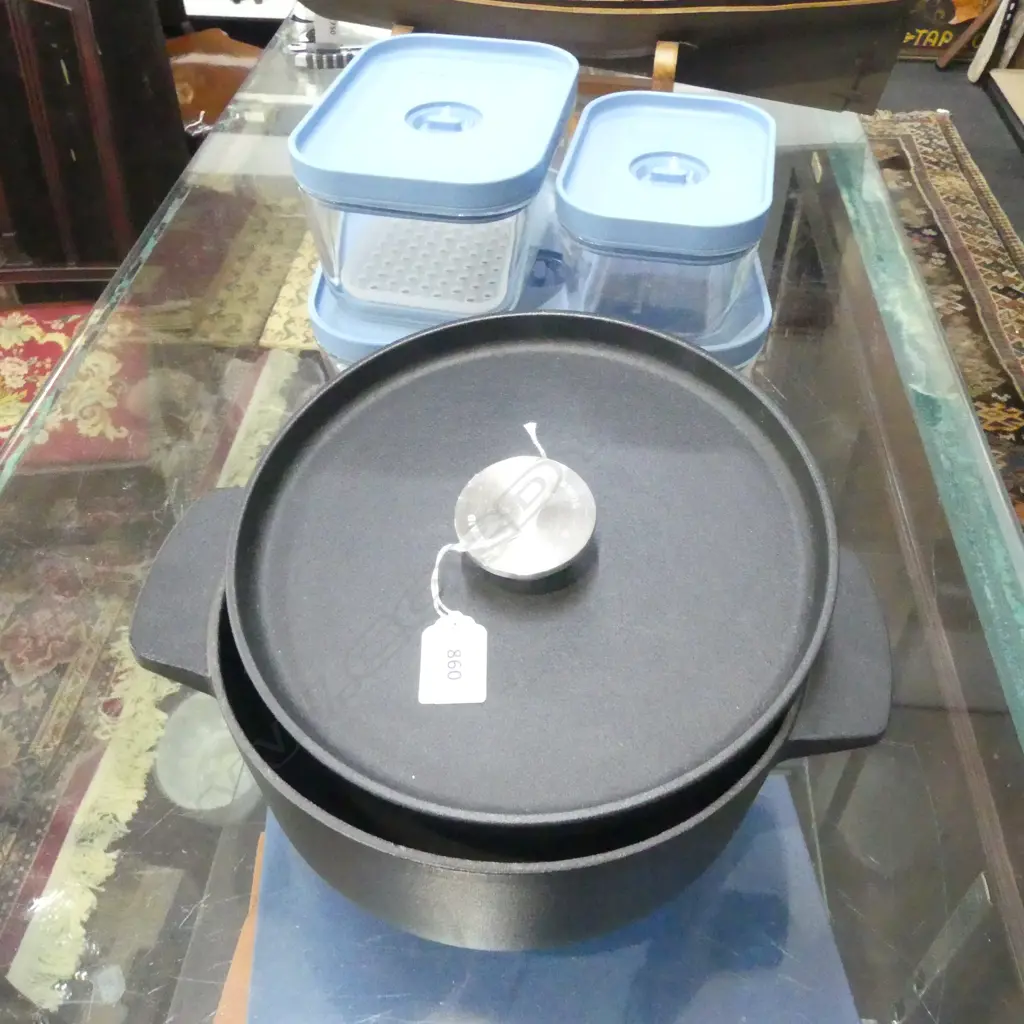 KITCHEN AID CAST IRON CASSEROLE 230mm dia + 3 KITCHEN AID GLASS FOOD CONTAINERS Image 1++