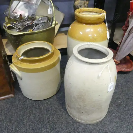 LIDDED STONEWARE JAR H350MM & 2 OTHERS NO LIDS