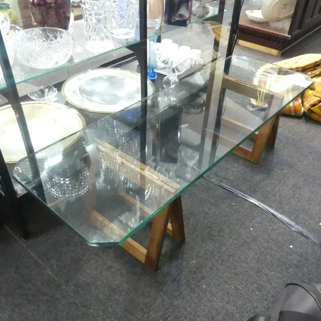 GLASS TOP COFFEE TABLE (CHIPS) ON 2 WOODEN BASES Image 1++