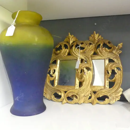 GLASS VASE H.340mm & PR GILT PICTURE FRAMES 