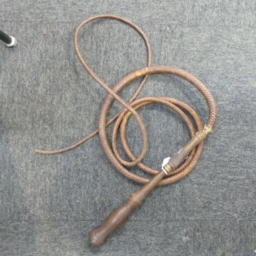LEATHER WHIP, WOODEN HANDLE Image 1++