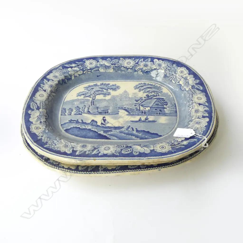 3 19thC B/W MEAT PLATTERS; 1 STAMPED 'WILD ROSE', L.380mm Image 1++