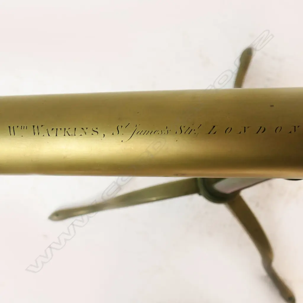 BRASS 3 DRAW TELESCOPE; MOUNTED ON BRASS TRIPOD, ENGRAVED 'Wm Watkins, St James's Str London', L.765 H.530mm CLEAN SCOPE Image 1++