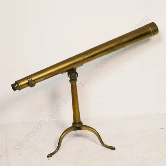 BRASS 3 DRAW TELESCOPE; MOUNTED ON BRASS TRIPOD, ENGRAVED 'Wm Watkins, St James's Str London', L.765 H.530mm CLEAN SCOPE
