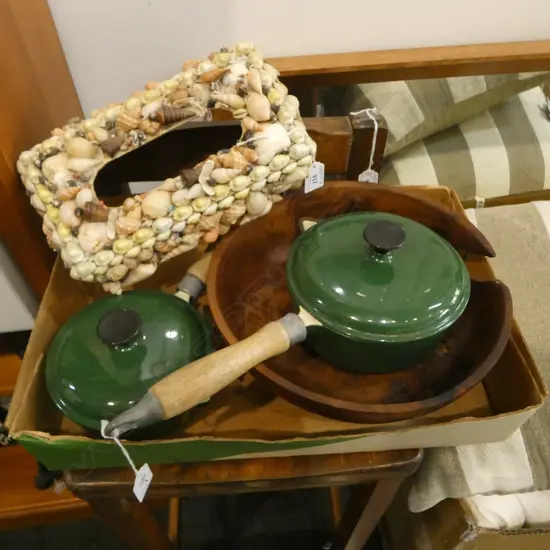 4 PCS; 2 VINTAGE LE CREUSET SAUCEPANS, SHELL TISSUE BOX HOLDER & TURNED WOODEN FRUIT BOWL