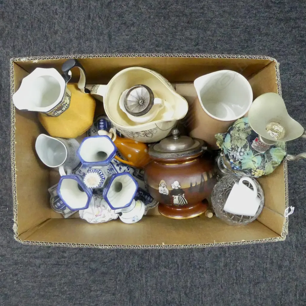 BOX LOT CHINA JUGS BISCUIT BARREL DELFT VASE ETC Image 1++