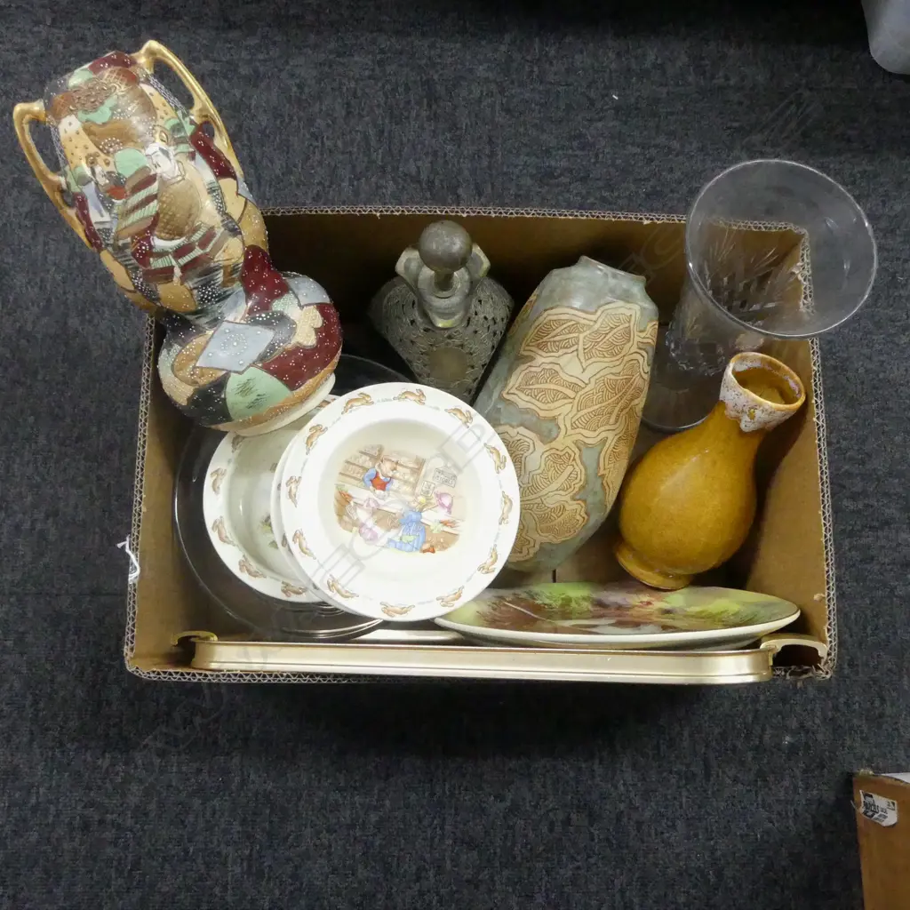 BOX LOT VASES DECANTER BUNNIKINS CHINA ETC Image 1++