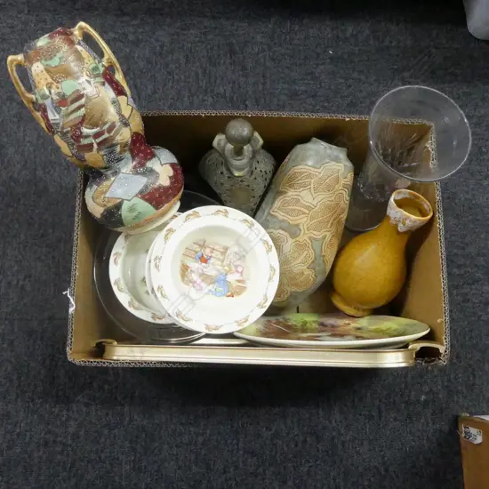 BOX LOT VASES DECANTER BUNNIKINS CHINA ETC