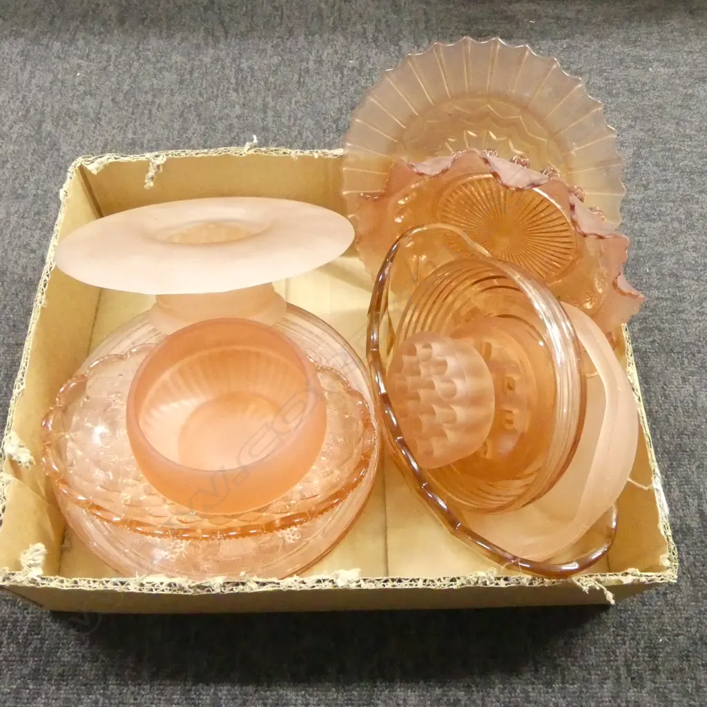 COLLECTION OF PINK DEPRESSION  GLASS BOWLS PLATES VASES ETC Image 1++