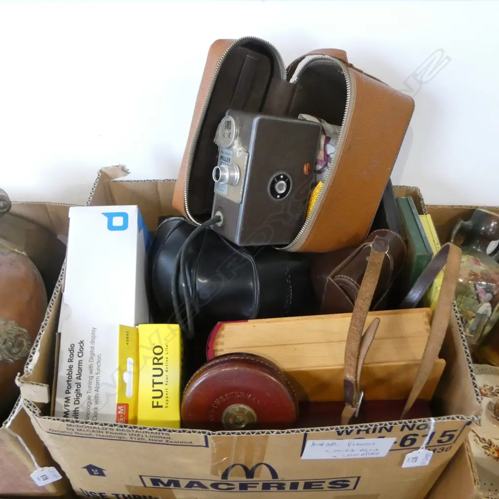 BOX OF VINTAGE MOVIE CAMERA + OLD FILM CAMERA + LEATHER CASED TAPE ETC Image 1++