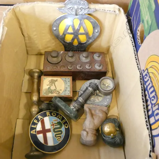 ASST. COLLECTABLES; AA BADGE, AFLA ROMEO BADGE, PART WEIGHT SET, etc