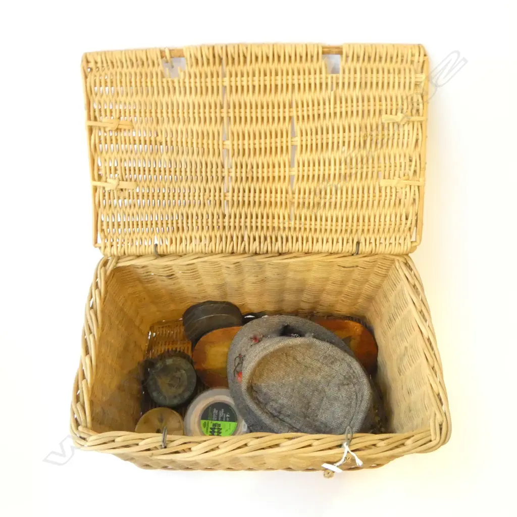 CANE FISHING CREEL or HAMPER with selection OLD TINS + plaque w trout + fishing hat + line etc Image 1++