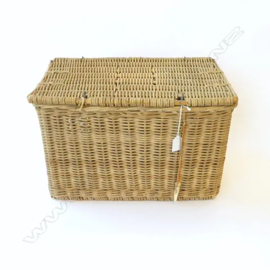 CANE FISHING CREEL or HAMPER with selection OLD TINS + plaque w trout + fishing hat + line etc
