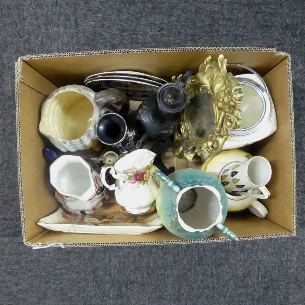 BOX OF JUGS VASES  BISCUIT BARREL ETC Image 1++