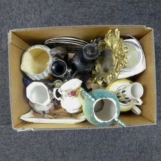 BOX OF JUGS VASES  BISCUIT BARREL ETC