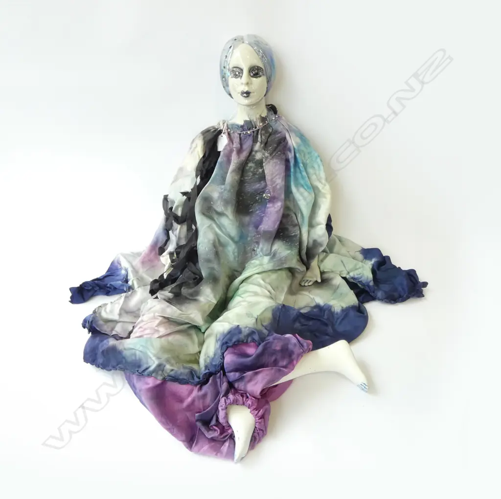 LARGE LEONIE ARNOLD POTTERY & SILK DRESSED DOLL (fault to one hand) L.1110mm Image 1++