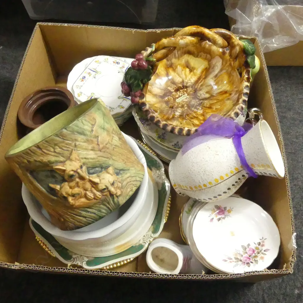 BOX OF CHINA PLATES VASES BOWLS  CHAMBER POT ETC Image 1++