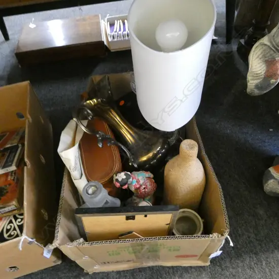 ASST. ITEMS; CASED BINOCULARS, METAL JUG, ETC