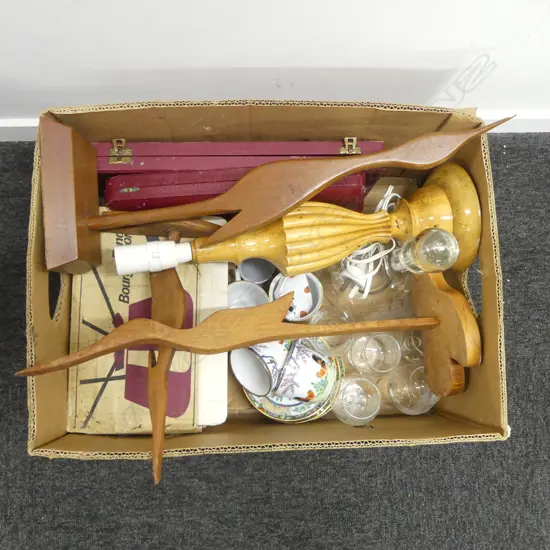 ASST. ITEMS; WOODEN LAMP BASE, 2 CASED CARVING SETS ETC