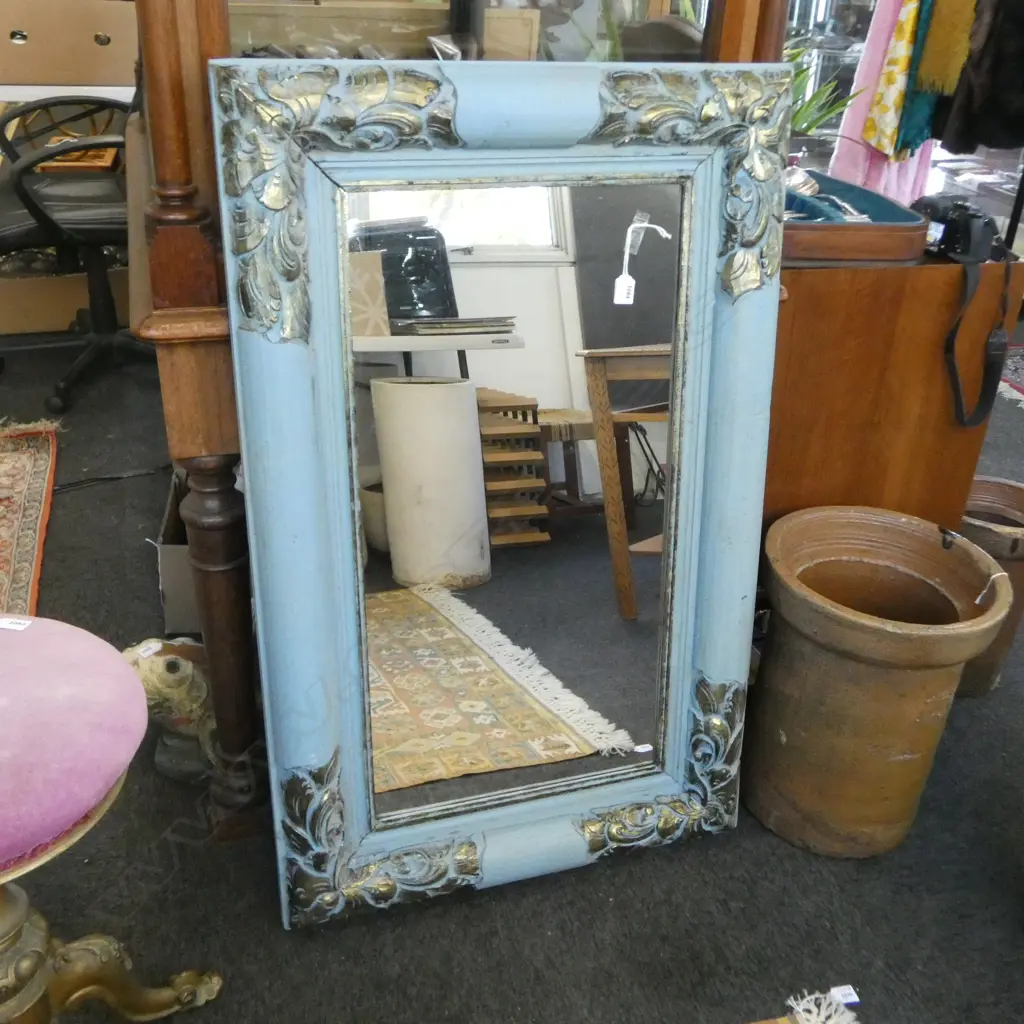 LG MIRROR, BLUE PAINTED CARVED WOODEN FRAME 700x1110mm  Image 1++